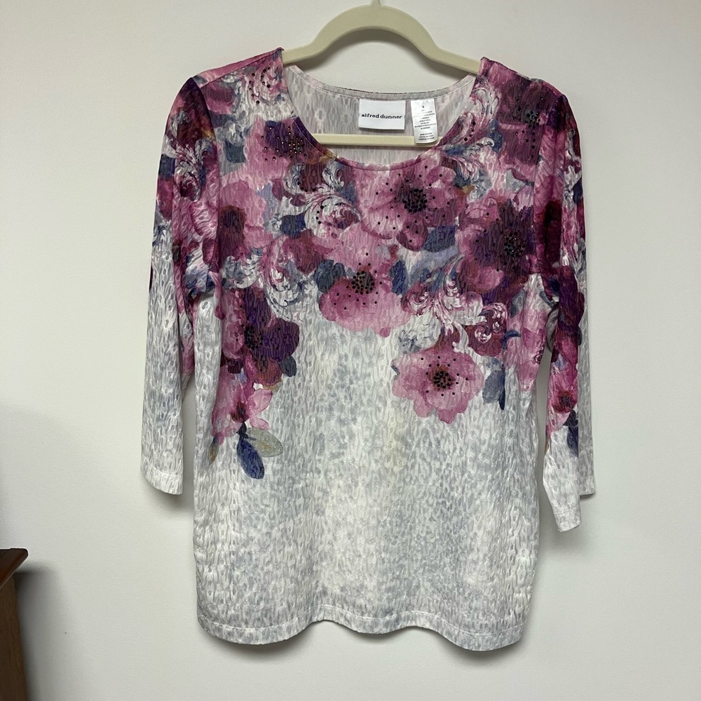 Alfred Dunner Pink and White Floral Blouse, S